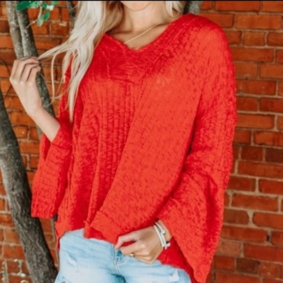 Free People Tops - Free People V-Neck Oversize Red Hoodie/Poncho